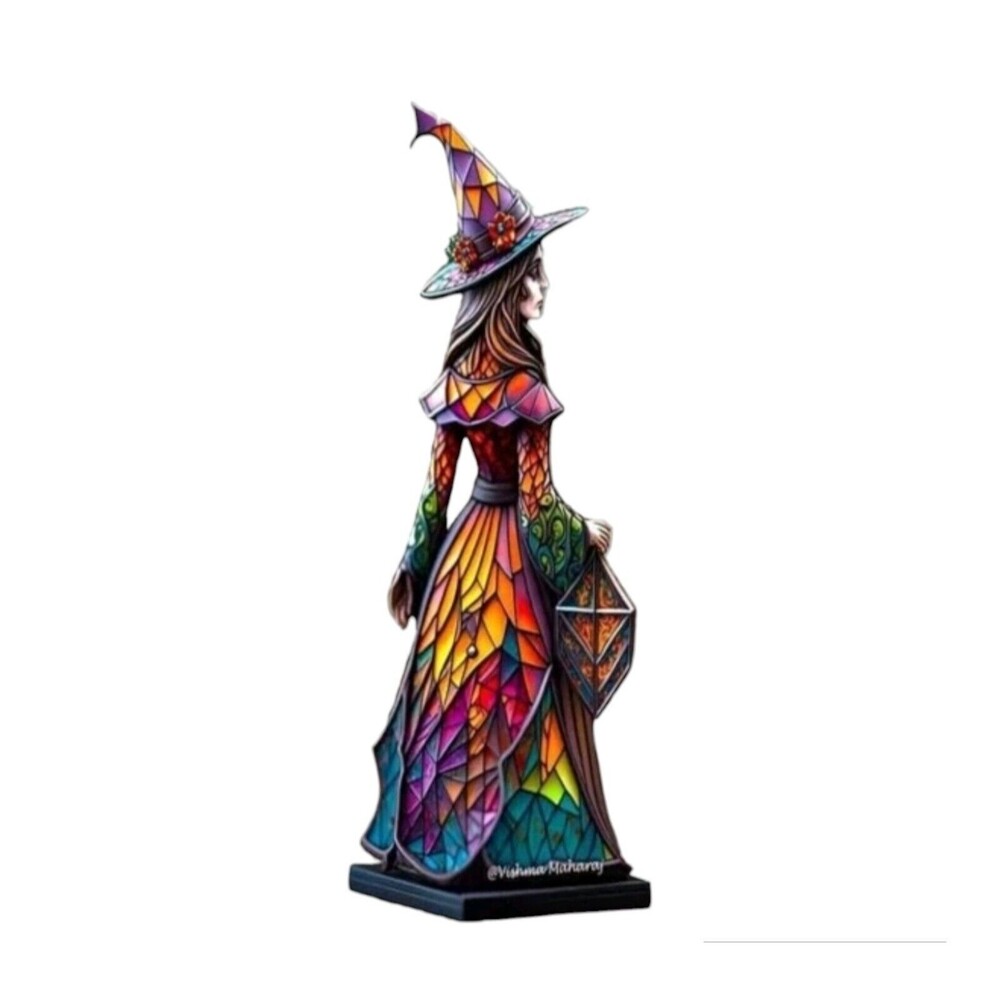Acrylic Vintage Witch In Magical Stained Glass Dress Ornament Pendant - Picture 3 of 7